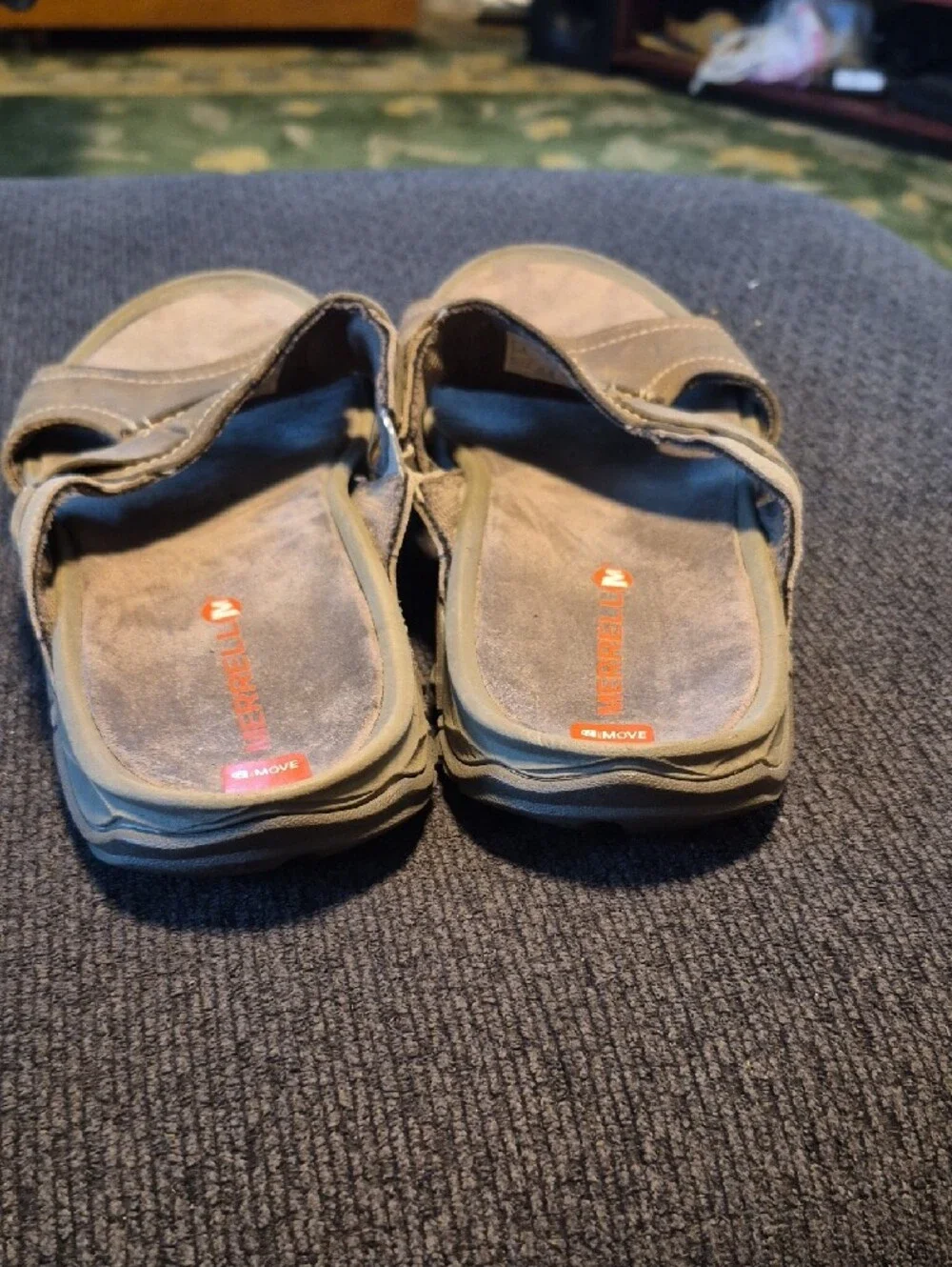 Merrell Men’s Brown Suede Slide Sandals with Orange Accents